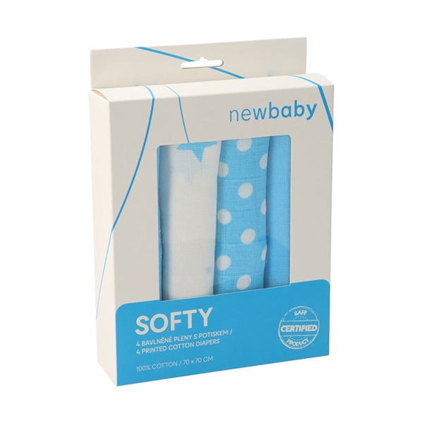Pamut tetra pelenka New Baby Softy nyomtatott mintával 70 x 70 cm 4 db fehér-türkiz