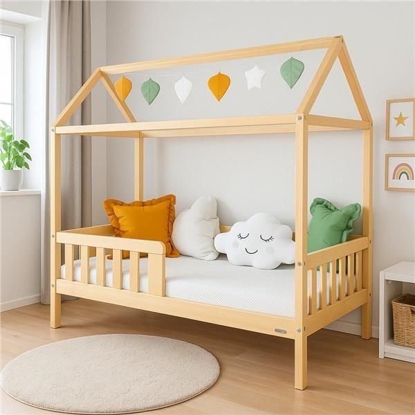 Gyermek ház alakú ágy korláttal és ágyráccsal New Baby CASTELLO 180x90 cm természetes