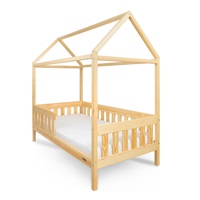 Gyermek ház alakú ágy korláttal és ágyráccsal New Baby CASTELLO 180x90 cm természetes