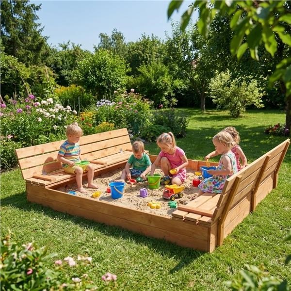 Gyerek fa homokozó fedővel és padokkal Baby Mix 180x180 cm